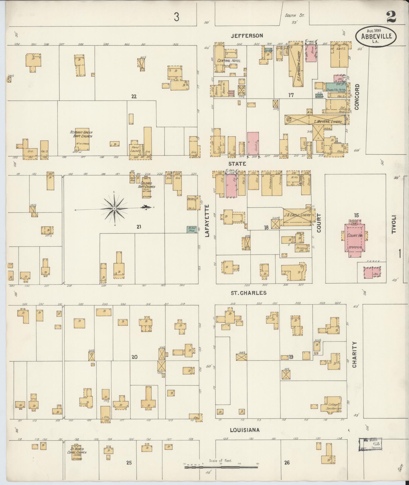 Sanborn Fire Insurance Map from Abbeville, Vermilion Parish, Louisiana (1899), Sheet #0002 - Historic Sanborn Fire Insurance Map Print, vintage old map wall art, antique decor, genealogy gift, Louisiana Louisiana map