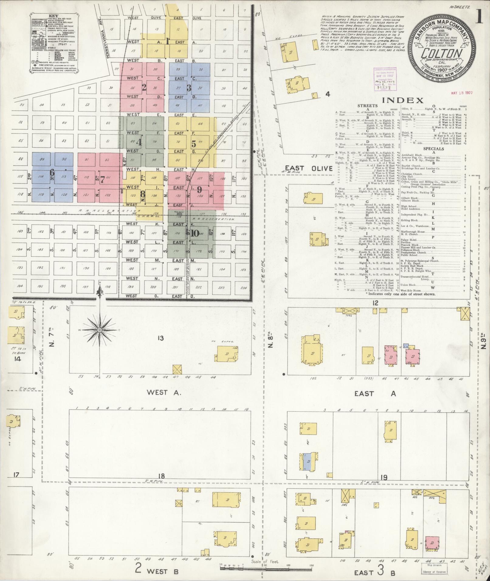 Sanborn Fire Insurance Map from Colton, San Bernardino County, California (1907), Sheet #0001 - Complete Map Set gallery image, historic Sanborn map, vintage wall art, California California