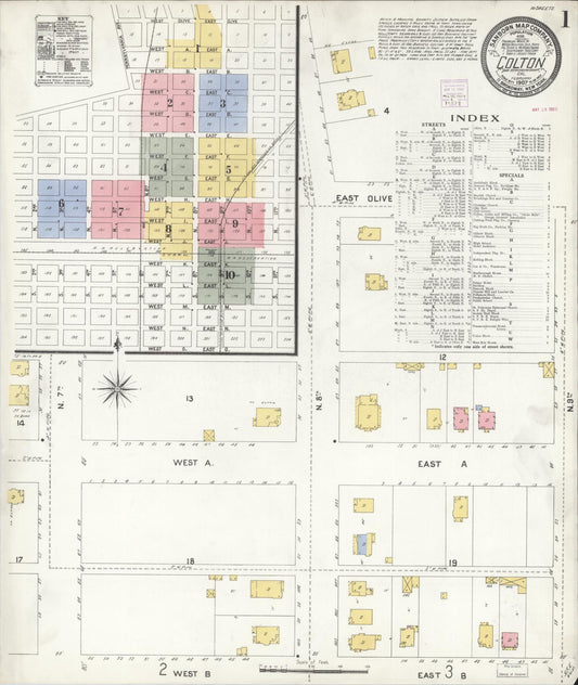 Sanborn Fire Insurance Map from Colton, San Bernardino County, California (1907), Sheet #0001 - Complete Map Set gallery image, historic Sanborn map, vintage wall art, California California