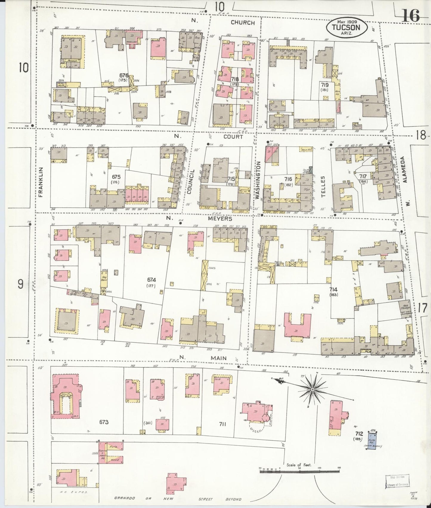 Sanborn Fire Insurance Map from Tucson, Pima County, Arizona (1909), Sheet #0016 - Complete Map Set gallery image, historic Sanborn map, vintage wall art, Arizona Arizona