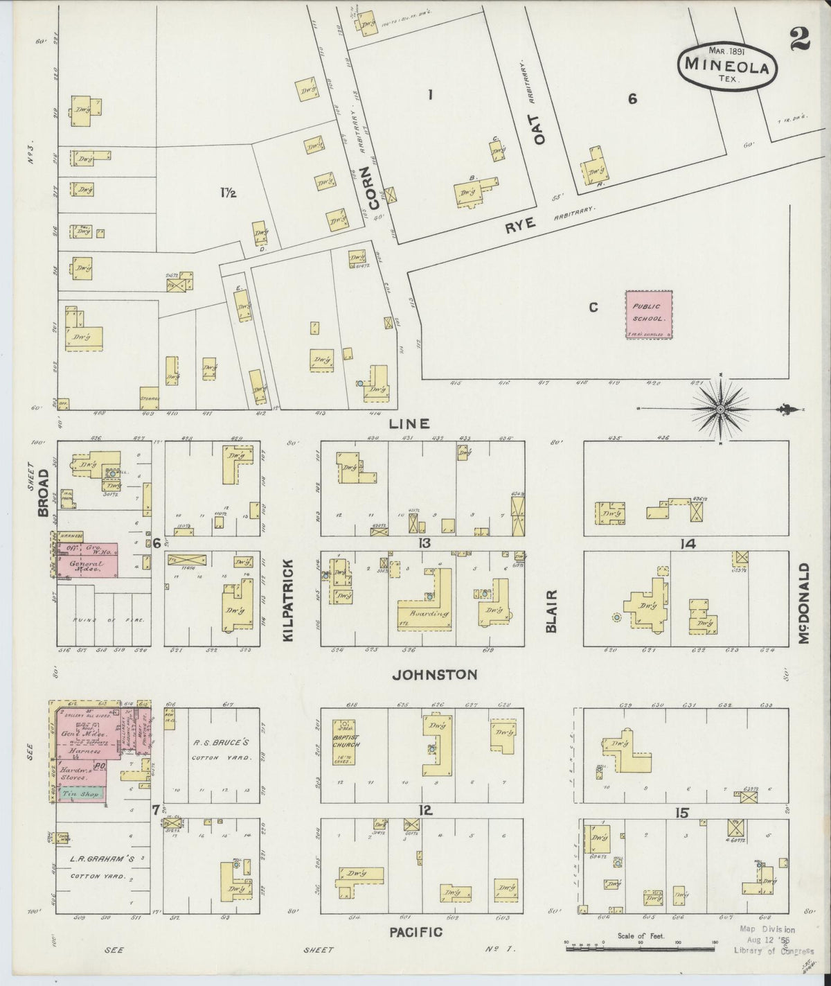 Sanborn Fire Insurance Map from Mineola, Wood County, Texas (1891), Sheet #0002 - Complete Map Set gallery image, historic Sanborn map, vintage wall art, Texas Texas