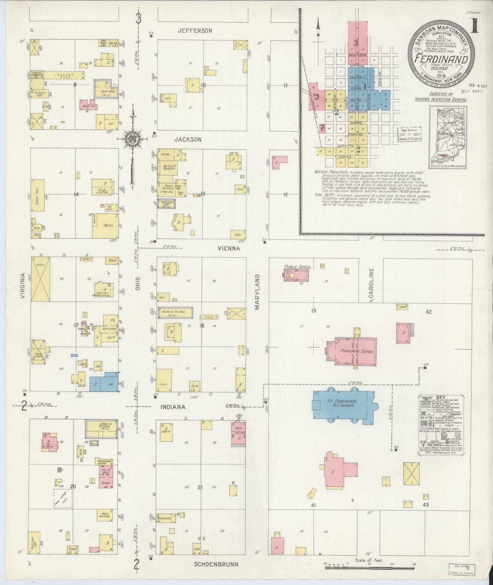 Sanborn Fire Insurance Map from Ferdinand, Dubois County, Indiana (1916), Sheet #0001 - Complete Map Set gallery image, historic Sanborn map, vintage wall art, Indiana Indiana