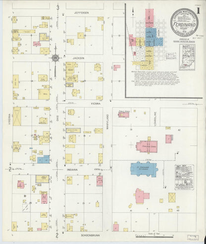 Sanborn Fire Insurance Map from Ferdinand, Dubois County, Indiana (1916), Sheet #0001 - Complete Map Set gallery image, historic Sanborn map, vintage wall art, Indiana Indiana