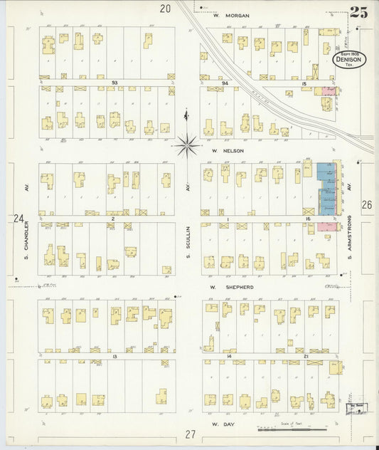 Sanborn Fire Insurance Map from Denison, Grayson County, Texas (1908), Sheet #0025 - Historic Sanborn Fire Insurance Map Print, vintage old map wall art, antique decor, genealogy gift, Texas Texas map
