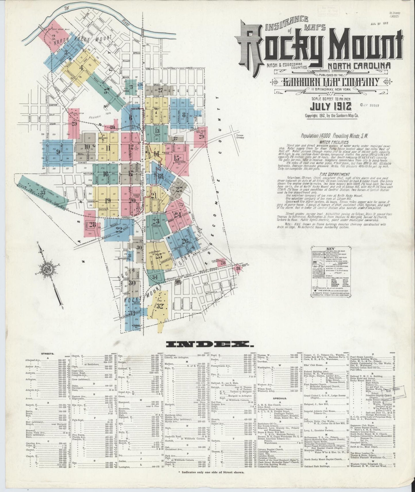 Sanborn Fire Insurance Map from Rocky Mount, Edgecombe And Nash Counties, North Carolina (1912), Sheet #0001 - Complete Map Set gallery image, historic Sanborn map, vintage wall art, North Carolina North Carolina
