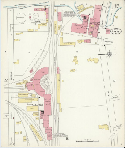 Sanborn Fire Insurance Map from Keene, Cheshire County, New Hampshire (1913), Sheet #0017 - Historic Sanborn Fire Insurance Map Print, vintage old map wall art, antique decor, genealogy gift, New Hampshire New Hampshire map