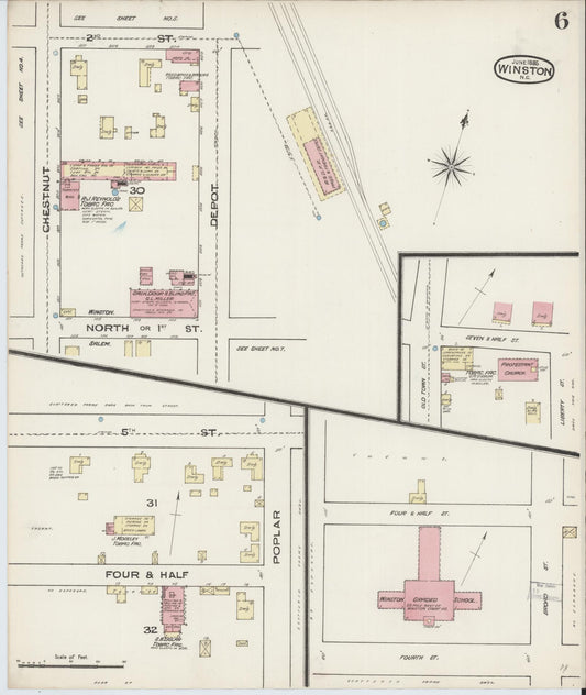 Sanborn Fire Insurance Map from Winston-Salem, Forsyth County, North Carolina (1885), Sheet #0006 - Historic Sanborn Fire Insurance Map Print, vintage old map wall art, antique decor, genealogy gift, North Carolina North Carolina map