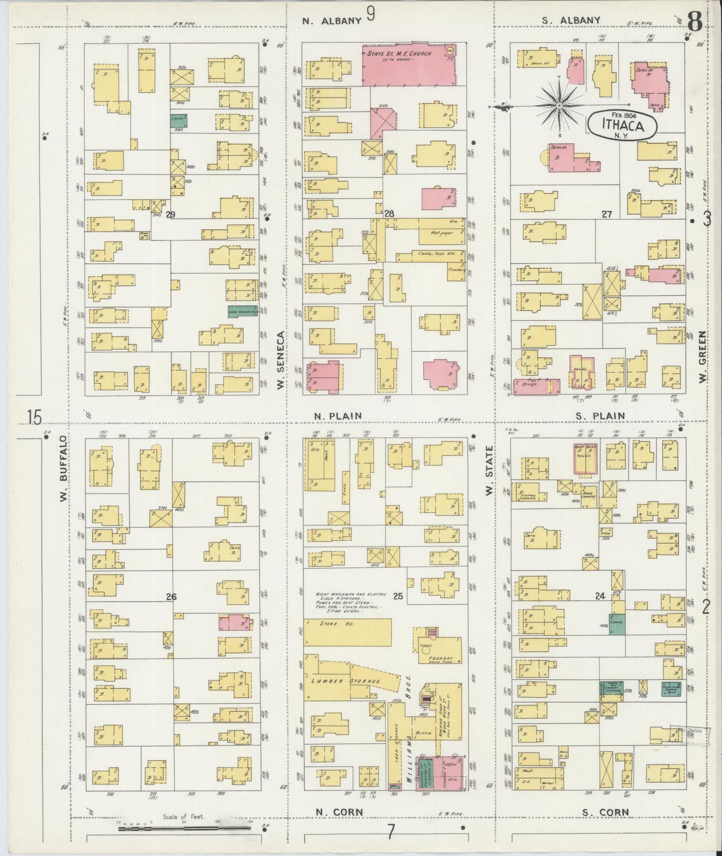Sanborn Fire Insurance Map from Ithaca, Tompkins County, New York (1904), Sheet #0008 - Complete Map Set gallery image, historic Sanborn map, vintage wall art, New York New York