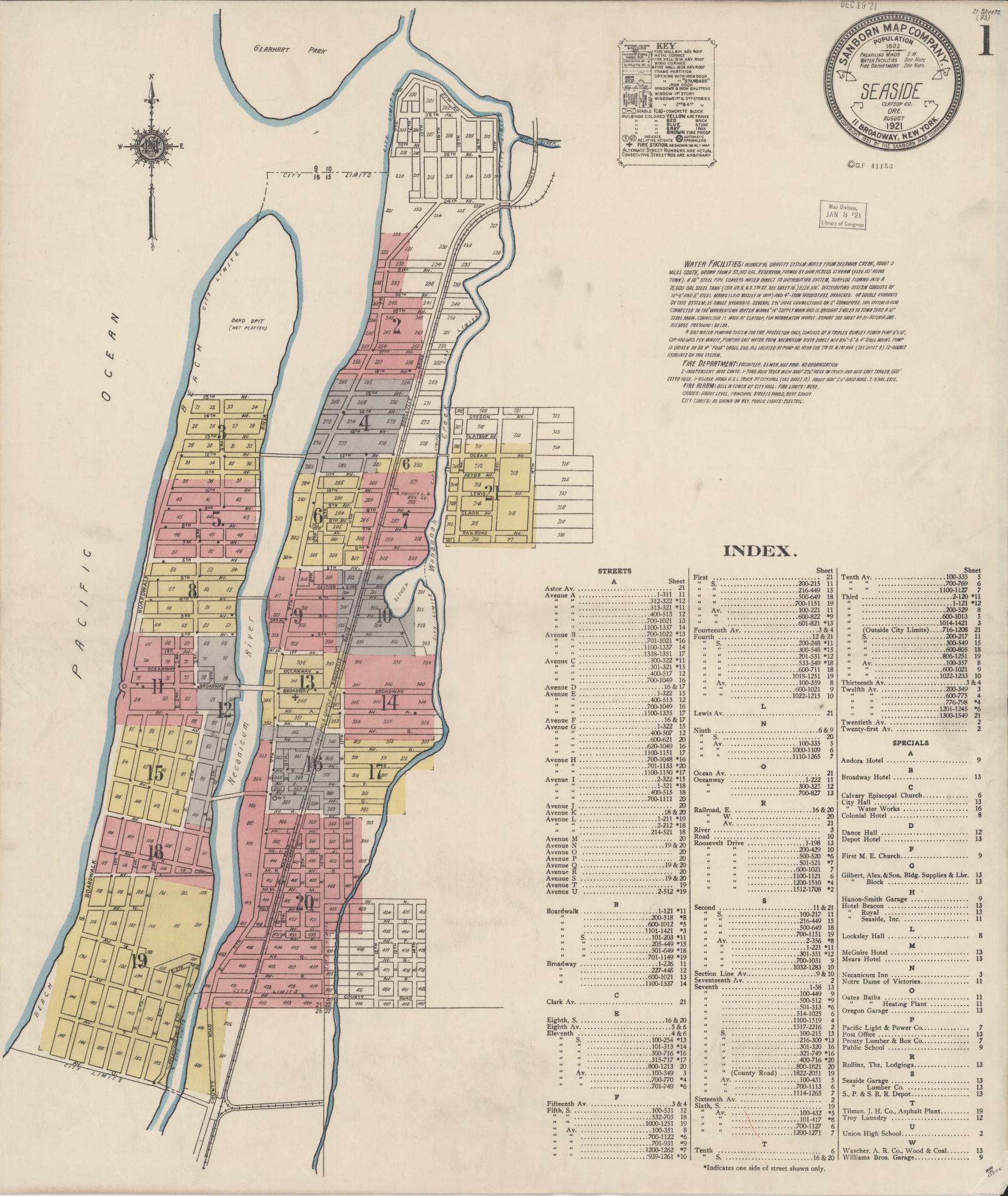 Sanborn Fire Insurance Map from Seaside, Clatsop County, Oregon (1921), Sheet #0001 - Complete Map Set gallery image, historic Sanborn map, vintage wall art, Oregon Oregon