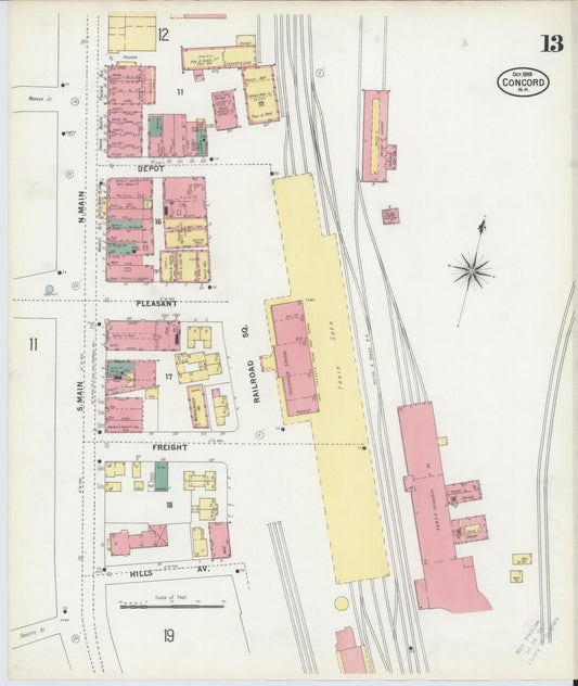 Sanborn Fire Insurance Map from Concord, Merrimack County, New Hampshire (1899), Sheet #0013 - Historic Sanborn Fire Insurance Map Print, vintage old map wall art, antique decor, genealogy gift, New Hampshire New Hampshire map
