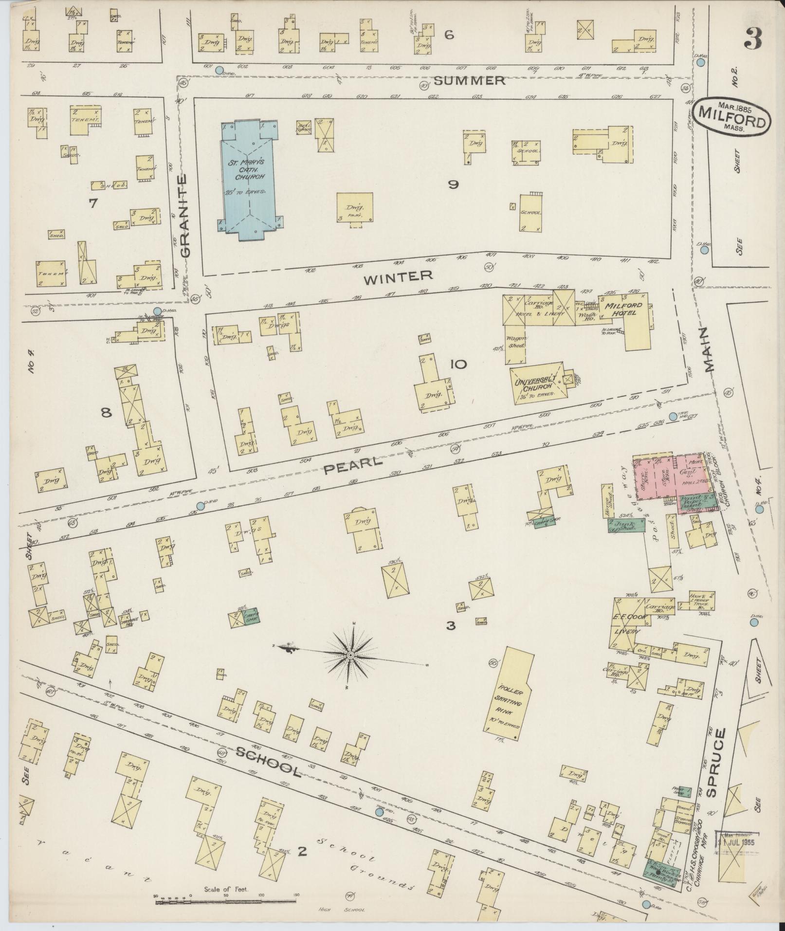 Sanborn Fire Insurance Map from Milford, Worcester County, Massachusetts (1885), Sheet #0003 - Historic Sanborn Fire Insurance Map Print, vintage old map wall art, antique decor, genealogy gift, Massachusetts Massachusetts map