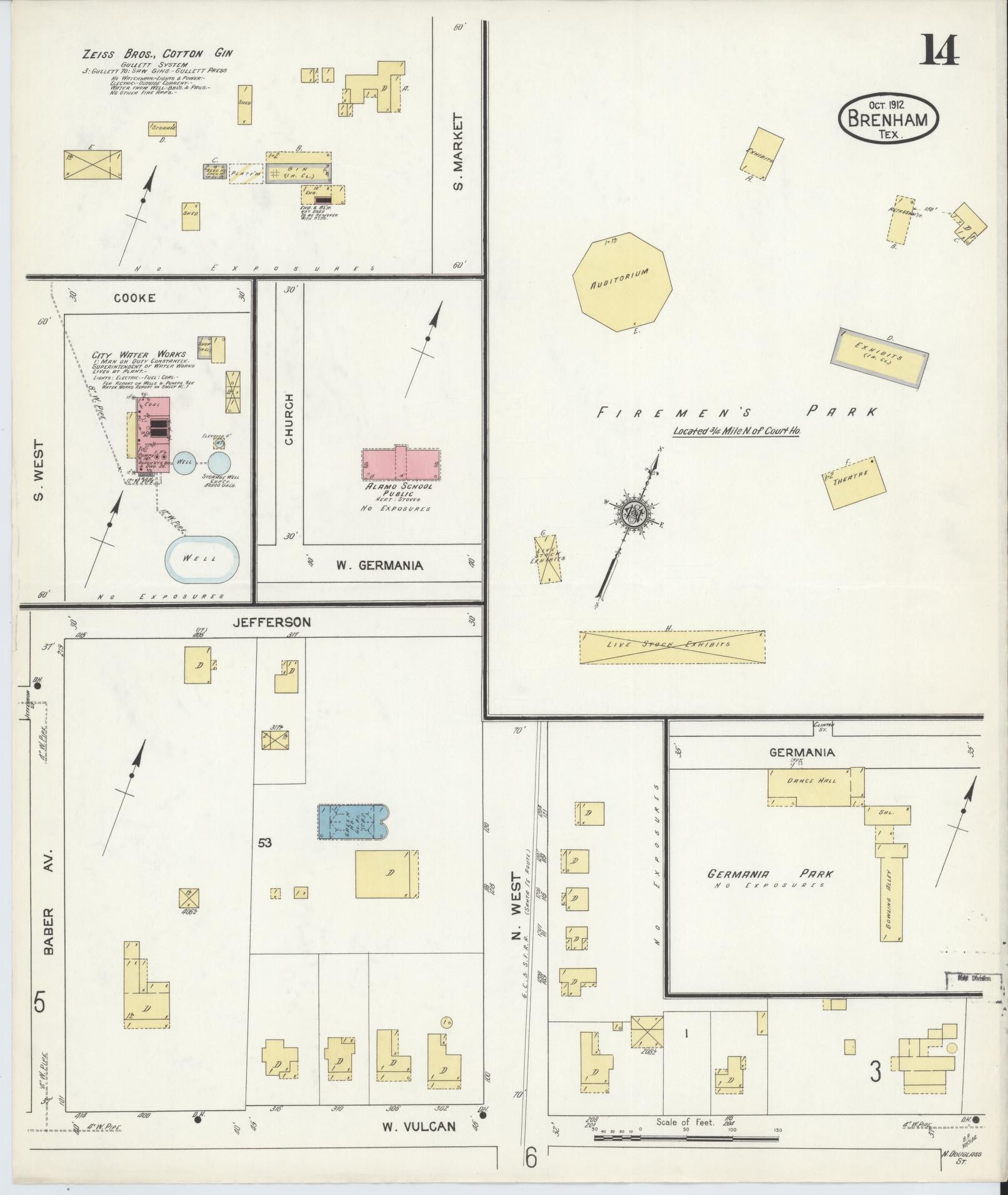 Sanborn Fire Insurance Map from Brenham, Washington County, Texas (1912), Sheet #0014 - Historic Sanborn Fire Insurance Map Print, vintage old map wall art, antique decor, genealogy gift, Texas Texas map