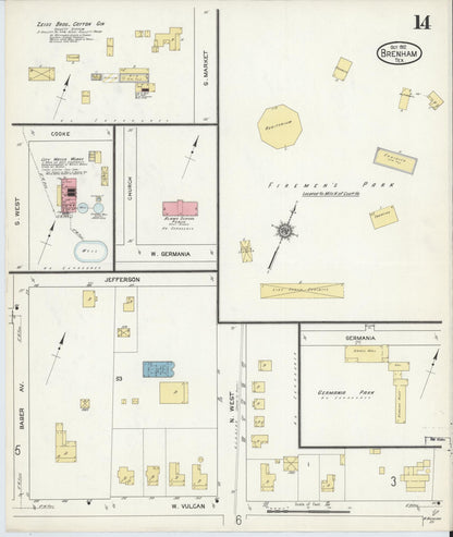 Sanborn Fire Insurance Map from Brenham, Washington County, Texas (1912), Sheet #0014 - Historic Sanborn Fire Insurance Map Print, vintage old map wall art, antique decor, genealogy gift, Texas Texas map