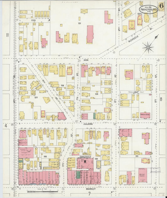 Sanborn Fire Insurance Map from Parkersburg, Wood County, West Virginia (1904), Sheet #0006 - Historic Sanborn Fire Insurance Map Print, vintage old map wall art, antique decor, genealogy gift, West Virginia West Virginia map