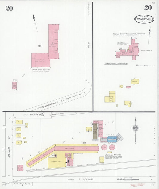 Sanborn Fire Insurance Map from Edwardsville, Madison County, Illinois (1930), Sheet #0020 - Historic Sanborn Fire Insurance Map Print, vintage old map wall art, antique decor, genealogy gift, Illinois Illinois map