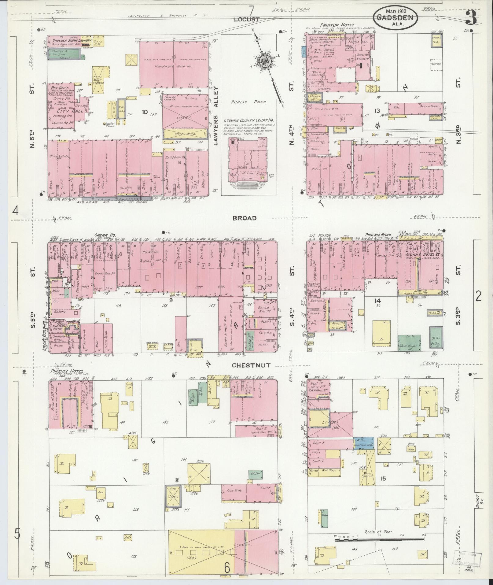 Sanborn Fire Insurance Map from Gadsden, Etowah County, Alabama (1910), Sheet #0003 - Historic Sanborn Fire Insurance Map Print, vintage old map wall art, antique decor, genealogy gift, Alabama Alabama map
