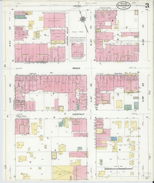 Sanborn Fire Insurance Map from Gadsden, Etowah County, Alabama (1910), Sheet #0003 - Historic Sanborn Fire Insurance Map Print, vintage old map wall art, antique decor, genealogy gift, Alabama Alabama map