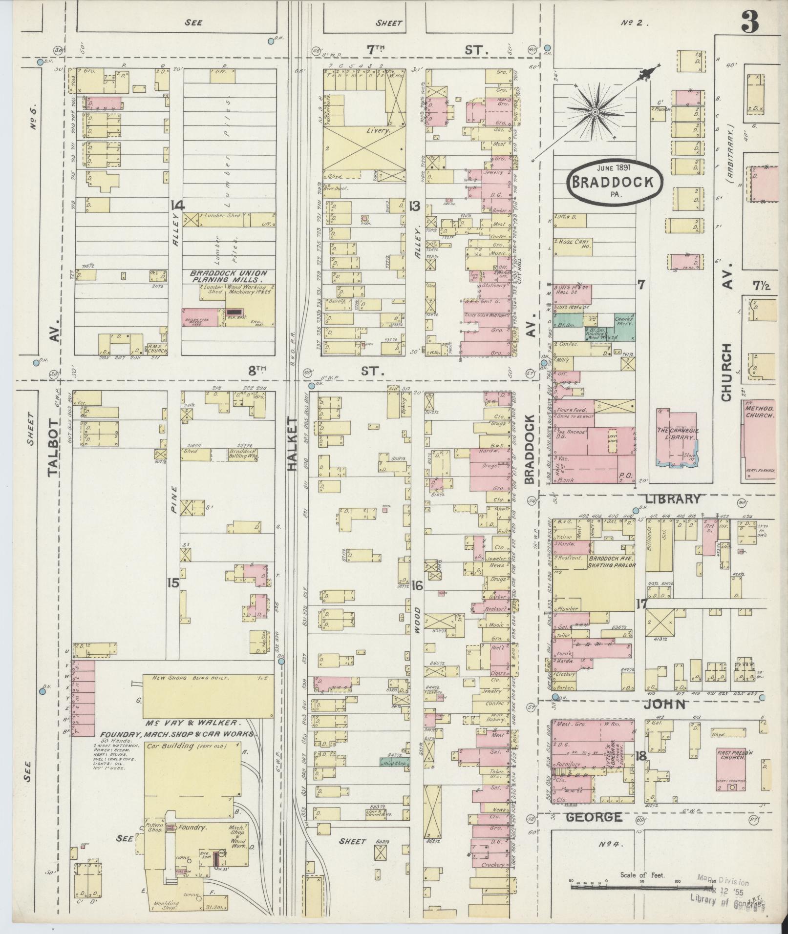 Sanborn Fire Insurance Map from Braddock, Allegheny County, Pennsylvania (1891), Sheet #0003 - Historic Sanborn Fire Insurance Map Print, vintage old map wall art, antique decor, genealogy gift, Pennsylvania Pennsylvania map