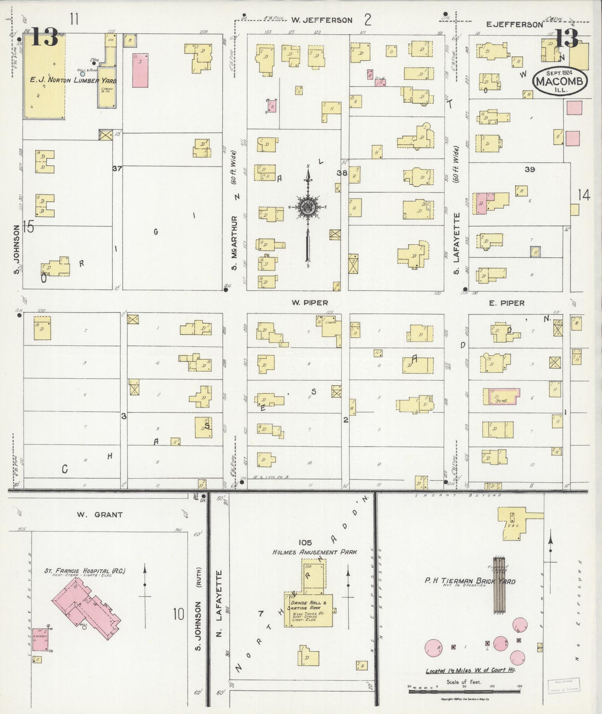 Sanborn Fire Insurance Map from Macomb, Mcdonough County, Illinois (1924), Sheet #0013 - Historic Sanborn Fire Insurance Map Print, vintage old map wall art, antique decor, genealogy gift, Illinois Illinois map