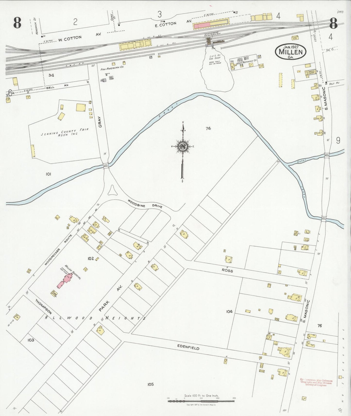 Sanborn Fire Insurance Map from Millen, Jenkins County, Georgia (1927), Sheet #0008 - Historic Sanborn Fire Insurance Map Print, vintage old map wall art, antique decor, genealogy gift, Georgia Georgia map