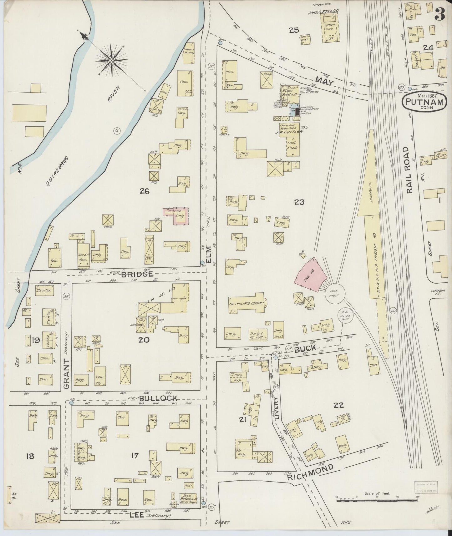 Sanborn Fire Insurance Map from Putnam, Windham County, Connecticut (1887), Sheet #0003 - Complete Map Set gallery image, historic Sanborn map, vintage wall art, Connecticut Connecticut