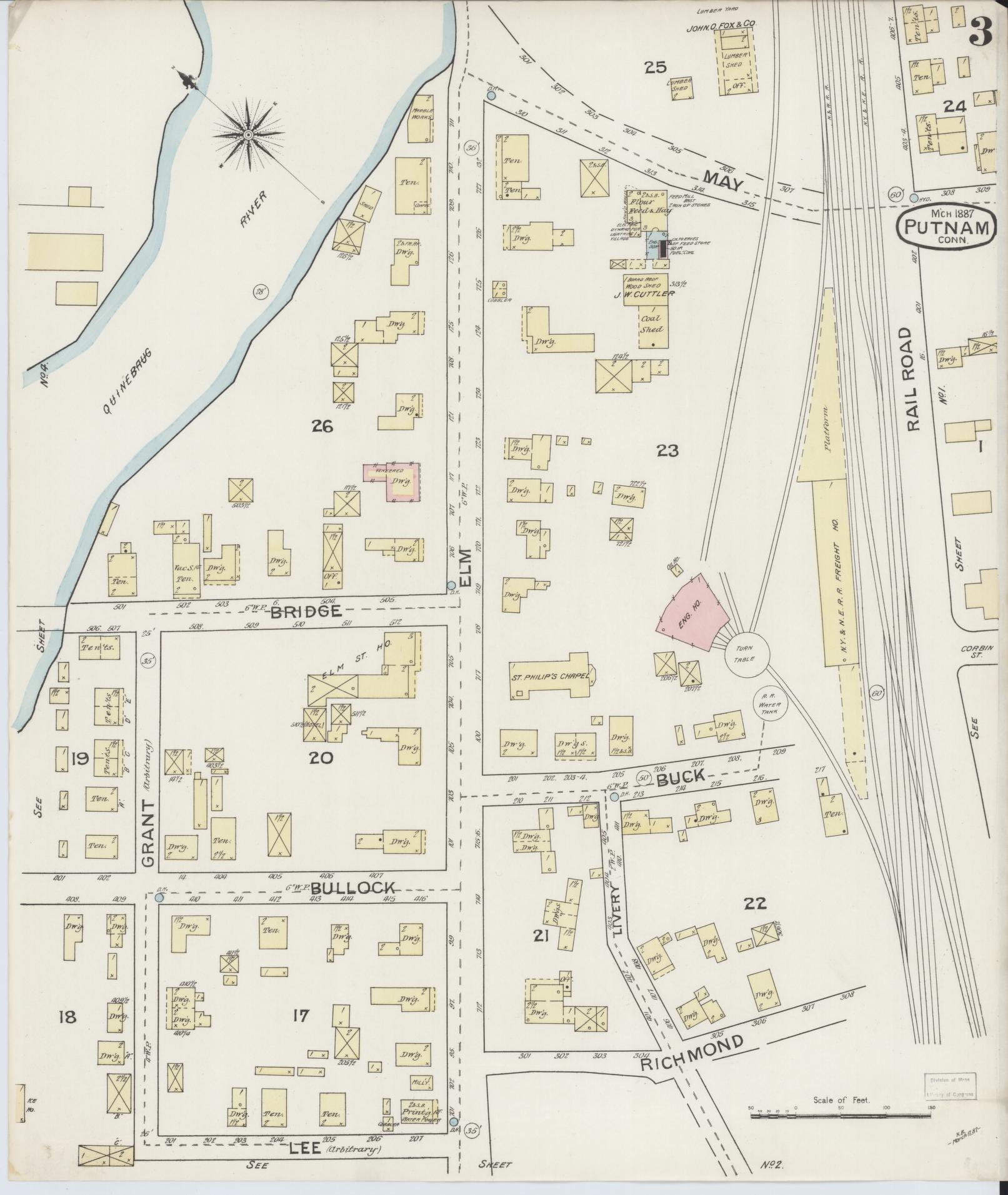 Sanborn Fire Insurance Map from Putnam, Windham County, Connecticut (1887), Sheet #0003 - Complete Map Set gallery image, historic Sanborn map, vintage wall art, Connecticut Connecticut