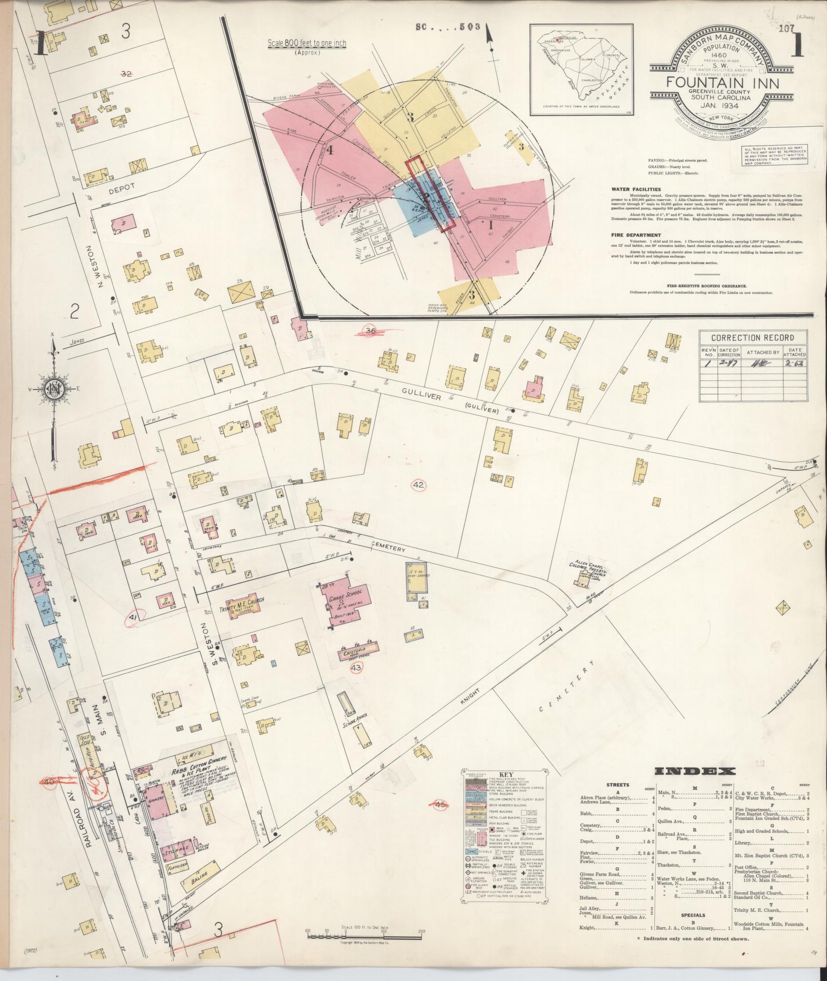 Sanborn Fire Insurance Map from Fountain Inn, Greenville And Laurens County, South Carolina (1947), Sheet #0001 - Complete Map Set gallery image, historic Sanborn map, vintage wall art, South Carolina South Carolina