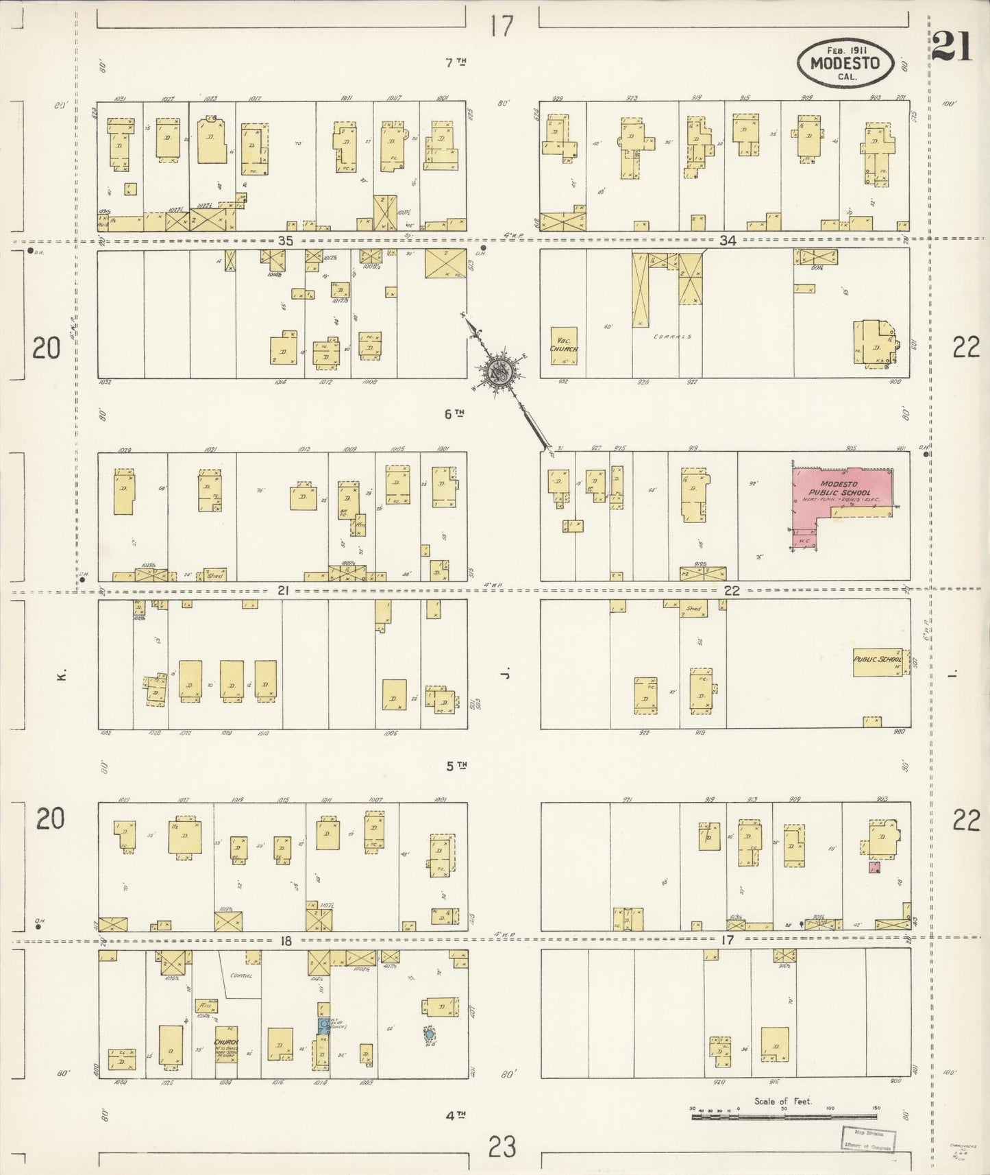 Sanborn Fire Insurance Map from Modesto, Stanislaus County, California (1911), Sheet #0021 - Complete Map Set gallery image, historic Sanborn map, vintage wall art, California California