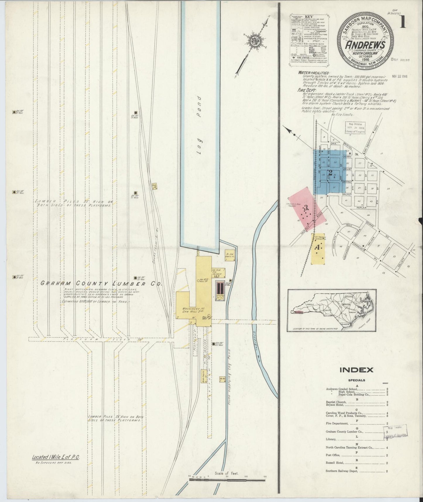 Sanborn Fire Insurance Map from Andrews, Cherokee County, North Carolina (1916), Sheet #0001 - Complete Map Set gallery image, historic Sanborn map, vintage wall art, North Carolina North Carolina