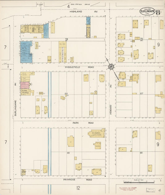 Sanborn Fire Insurance Map from Burlingame, San Mateo County, California (1913), Sheet #0008 - Historic Sanborn Fire Insurance Map Print, vintage old map wall art, antique decor, genealogy gift, California California map