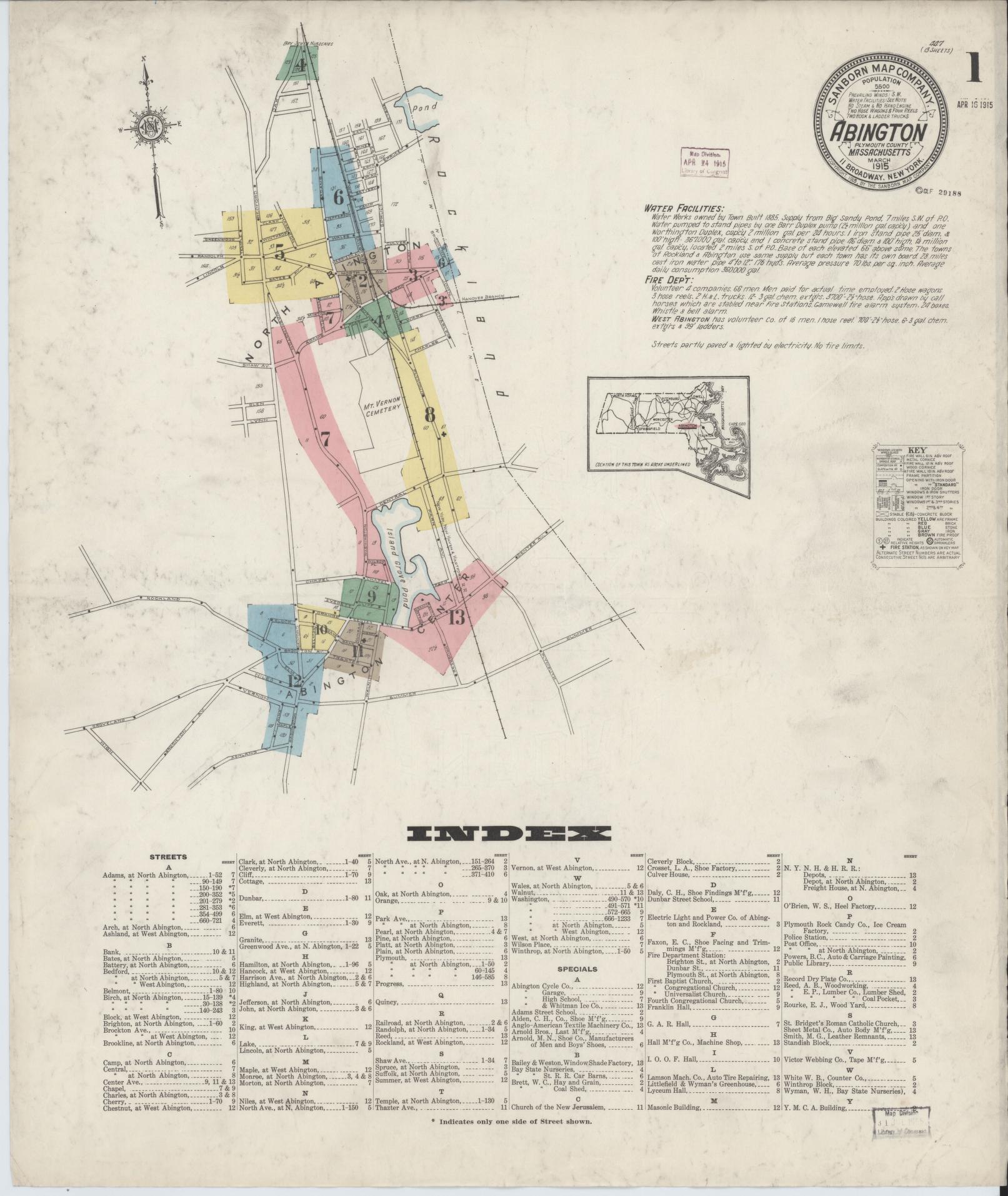 Sanborn Fire Insurance Map from Abington, Plymouth County, Massachusetts (1915), Sheet #0001 - Historic Sanborn Fire Insurance Map Print, vintage old map wall art, antique decor, genealogy gift, Massachusetts Massachusetts map