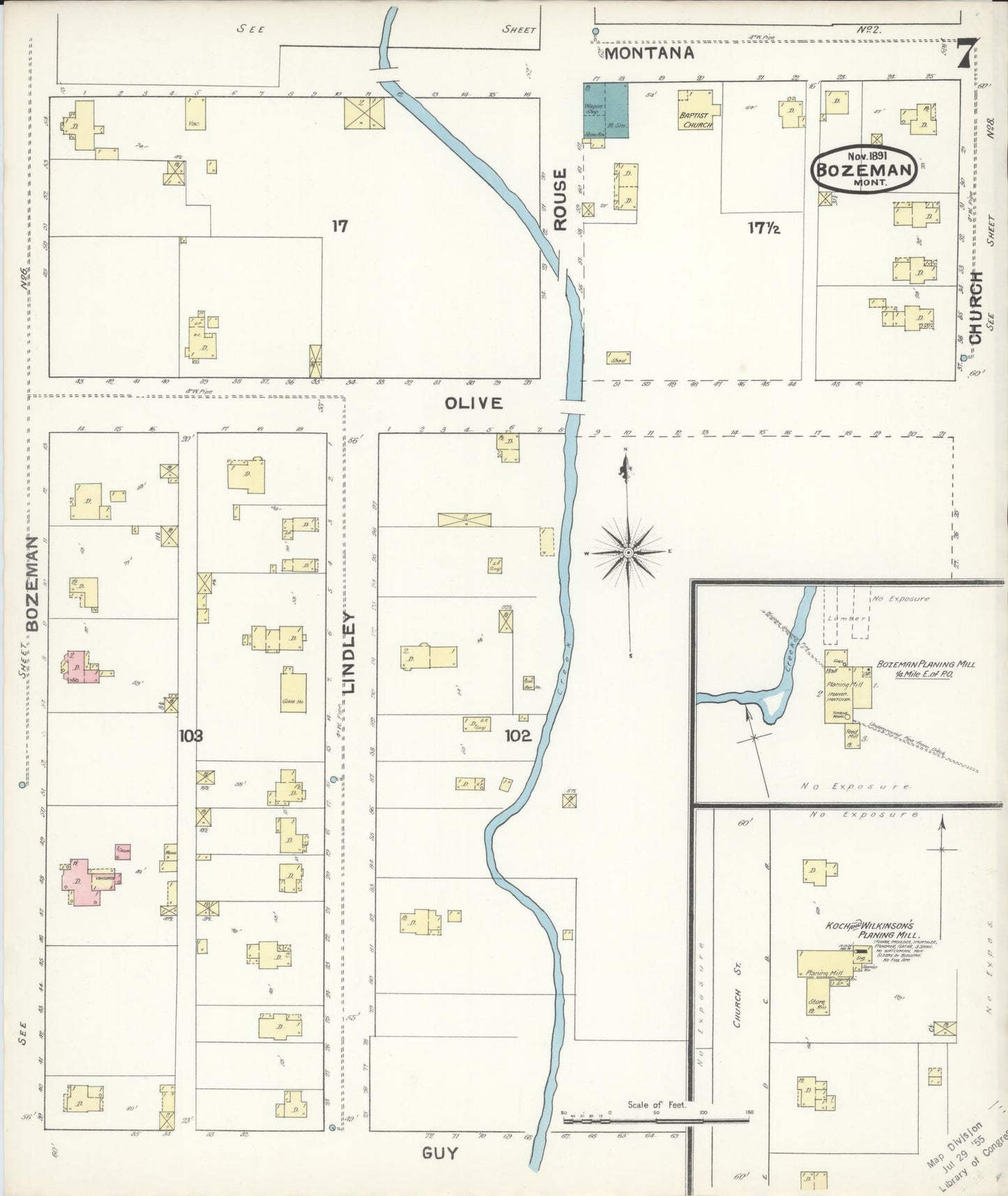 Sanborn Fire Insurance Map from Bozeman, Gallatin County, Montana (1891), Sheet #0007 - Complete Map Set gallery image, historic Sanborn map, vintage wall art, Montana Montana