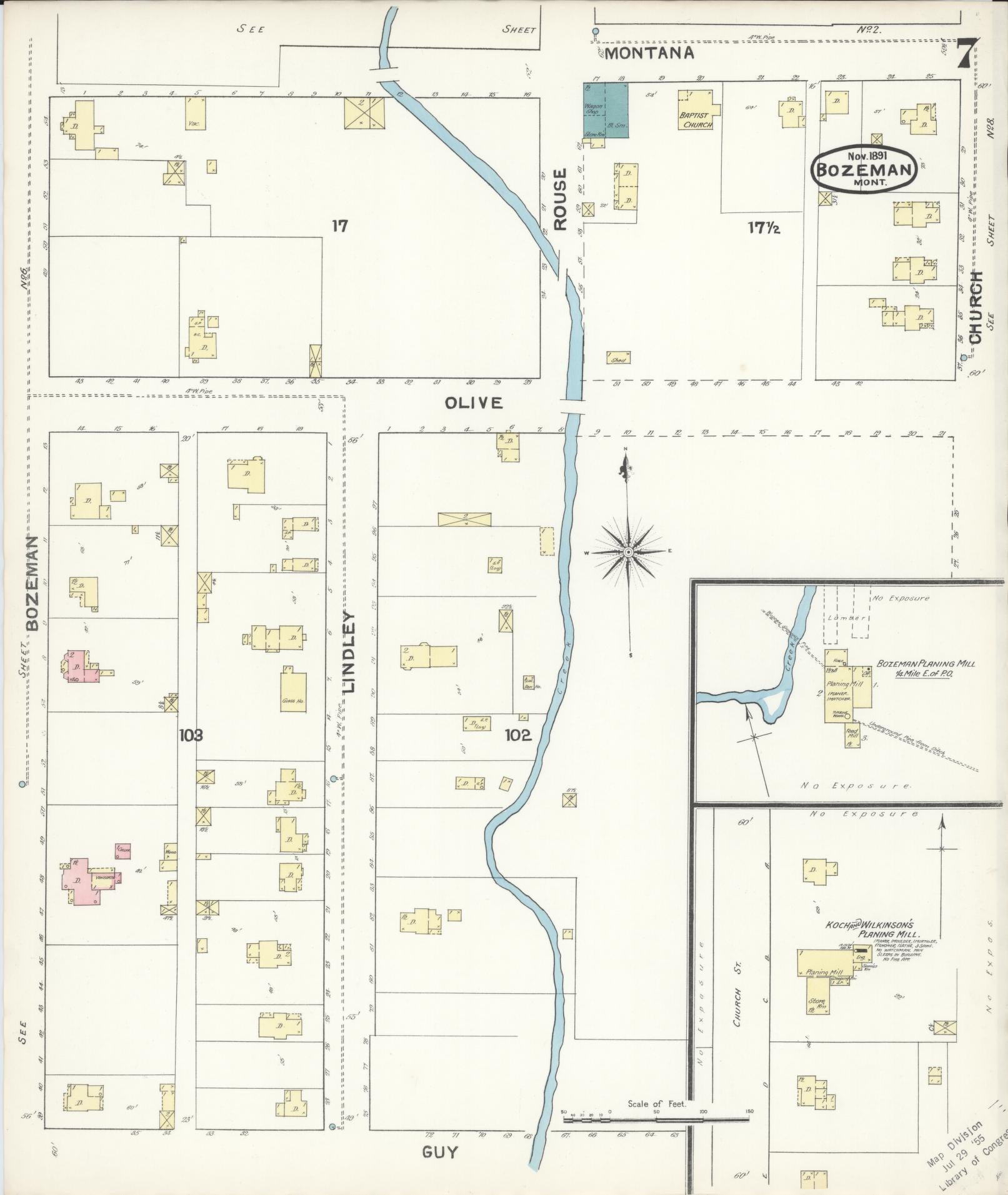 Sanborn Fire Insurance Map from Bozeman, Gallatin County, Montana (1891), Sheet #0007 - Complete Map Set gallery image, historic Sanborn map, vintage wall art, Montana Montana