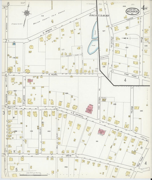 Sanborn Fire Insurance Map from Monroe, Walton County, Georgia (1916), Sheet #0004 - Historic Sanborn Fire Insurance Map Print, vintage old map wall art, antique decor, genealogy gift, Georgia Georgia map