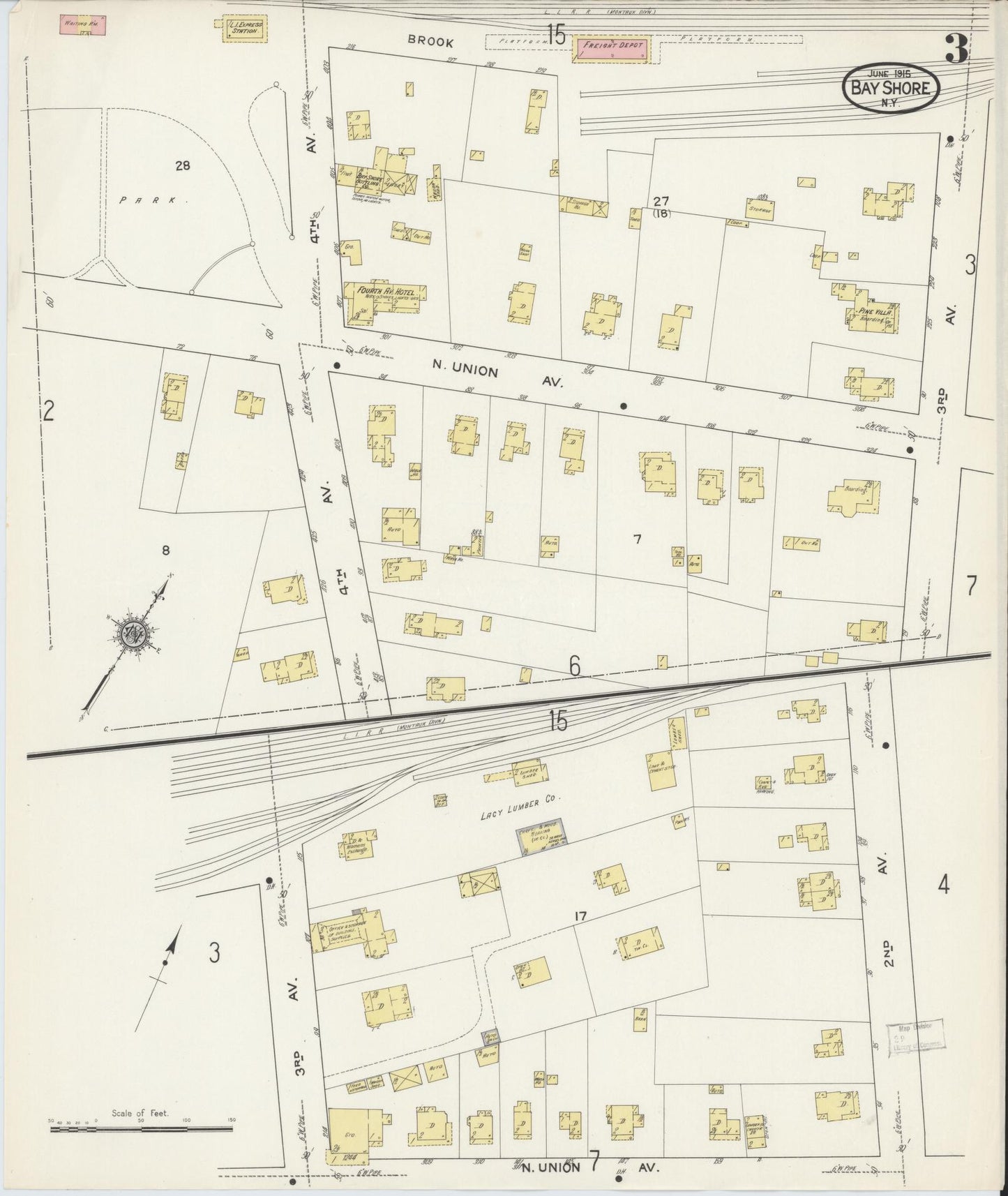 Sanborn Fire Insurance Map from Bay Shore, Suffolk County, New York (1915), Sheet #0003 - Historic Sanborn Fire Insurance Map Print, vintage old map wall art, antique decor, genealogy gift, New York New York map