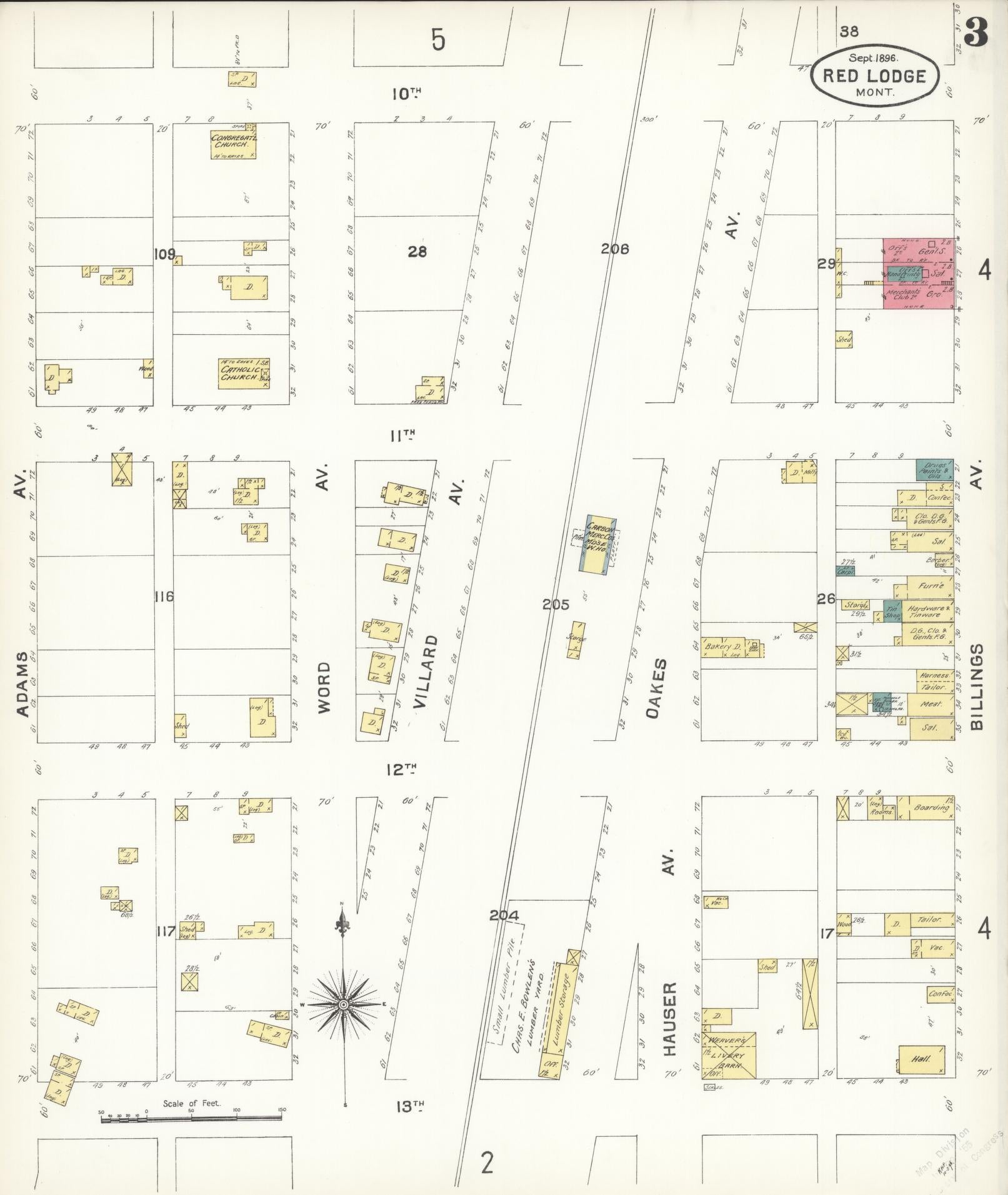Sanborn Fire Insurance Map from Red Lodge, Carbon County, Montana (1896), Sheet #0003 - Complete Map Set gallery image, historic Sanborn map, vintage wall art, Montana Montana