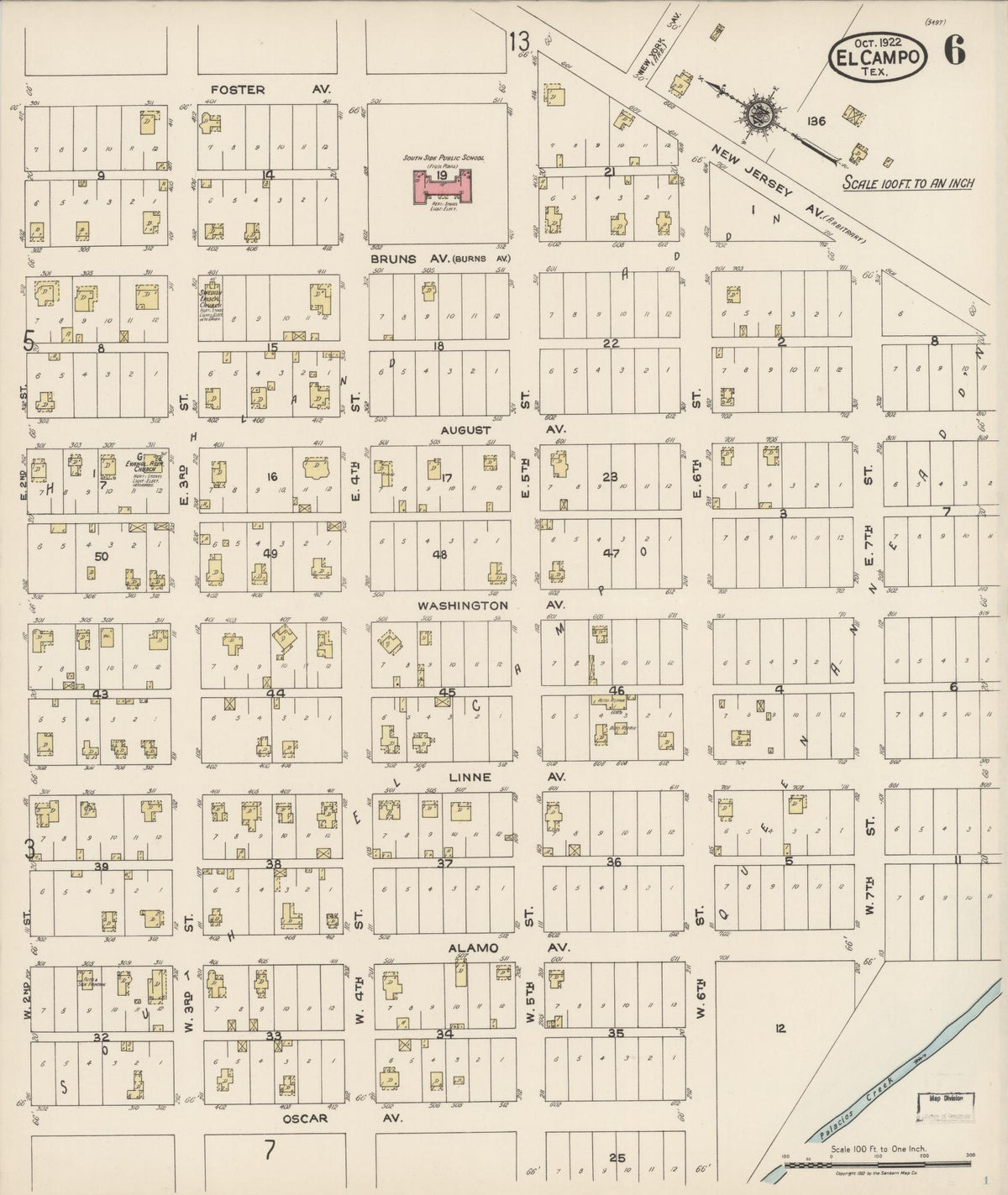Sanborn Fire Insurance Map from El Campo, Wharton County, Texas (1922), Sheet #0006 - Complete Map Set gallery image, historic Sanborn map, vintage wall art, Texas Texas