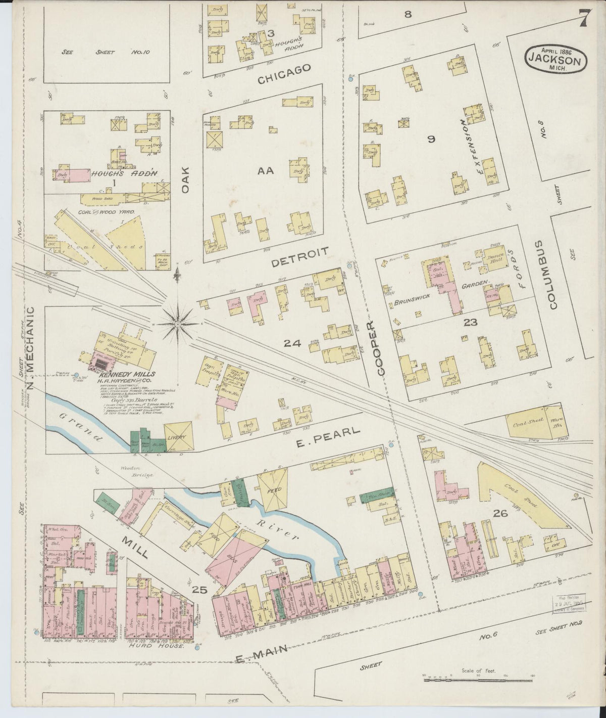 Sanborn Fire Insurance Map from Jackson, Jackson County, Michigan (1886), Sheet #0007 - Historic Sanborn Fire Insurance Map Print, vintage old map wall art, antique decor, genealogy gift, Michigan Michigan map