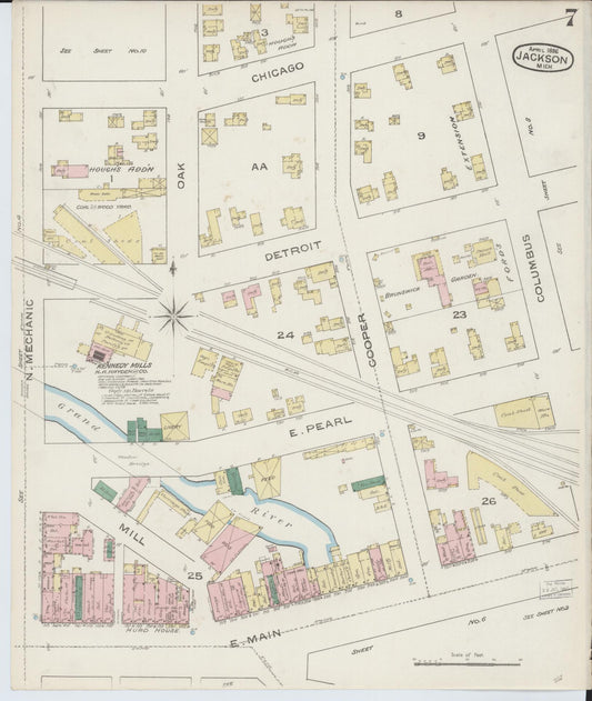 Sanborn Fire Insurance Map from Jackson, Jackson County, Michigan (1886), Sheet #0007 - Historic Sanborn Fire Insurance Map Print, vintage old map wall art, antique decor, genealogy gift, Michigan Michigan map