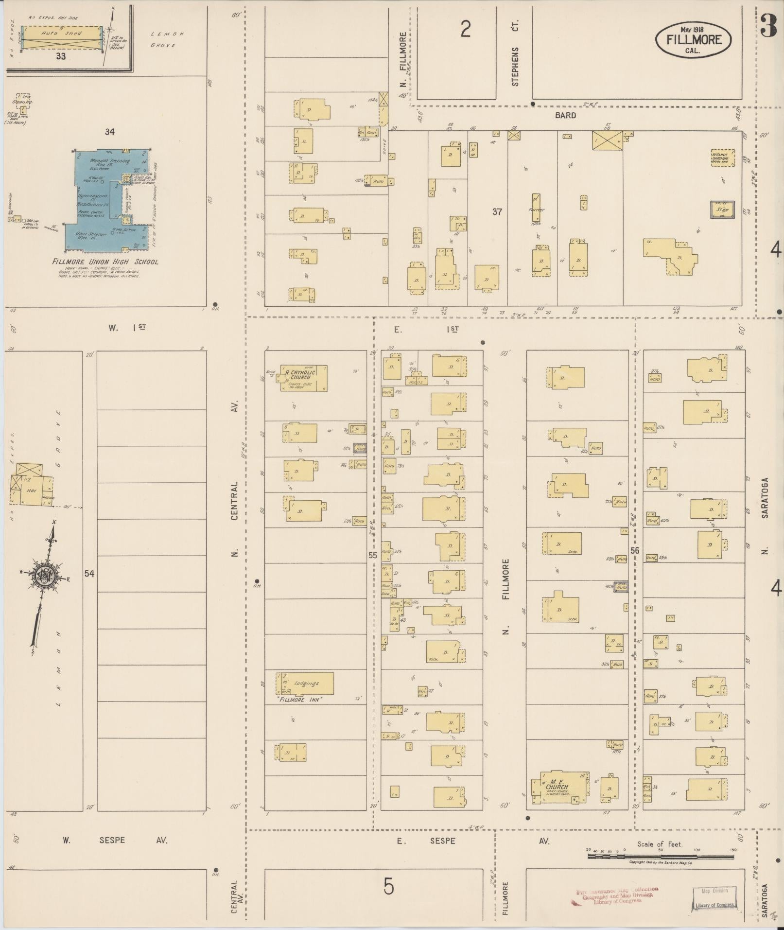 Sanborn Fire Insurance Map from Fillmore, Ventura County, California (1918), Sheet #0003 - Historic Sanborn Fire Insurance Map Print, vintage old map wall art, antique decor, genealogy gift, California California map