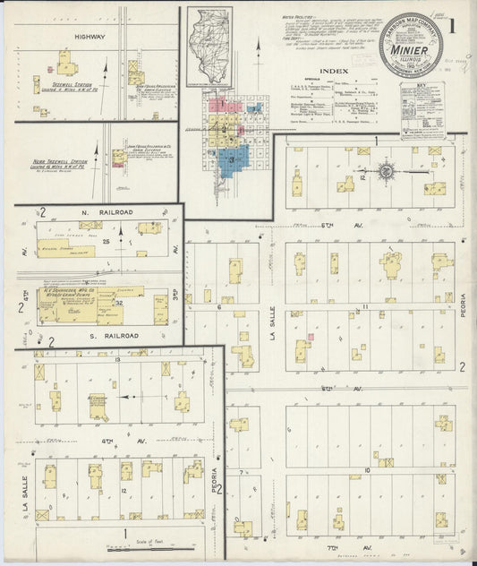 Sanborn Fire Insurance Map from Minier, Tazewell County, Illinois (1913), Sheet #0001 - Historic Sanborn Fire Insurance Map Print, vintage old map wall art, antique decor, genealogy gift, Illinois Illinois map