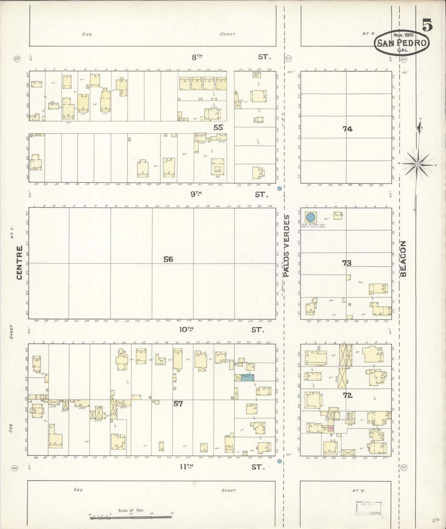 Sanborn Fire Insurance Map from San Pedro, Los Angeles County, California (1891), Sheet #0005 - Complete Map Set gallery image, historic Sanborn map, vintage wall art, California California