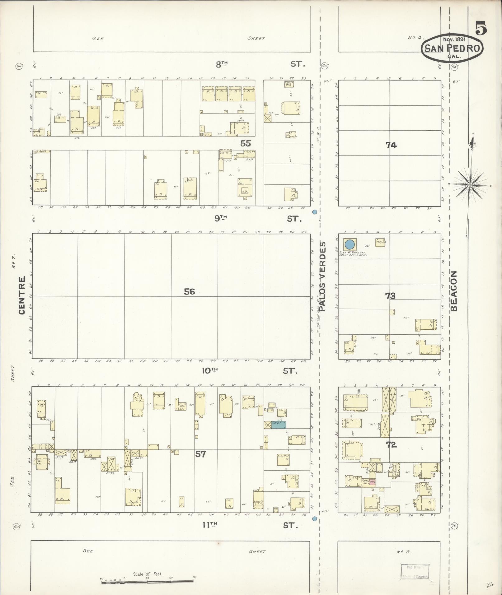 Sanborn Fire Insurance Map from San Pedro, Los Angeles County, California (1891), Sheet #0005 - Complete Map Set gallery image, historic Sanborn map, vintage wall art, California California