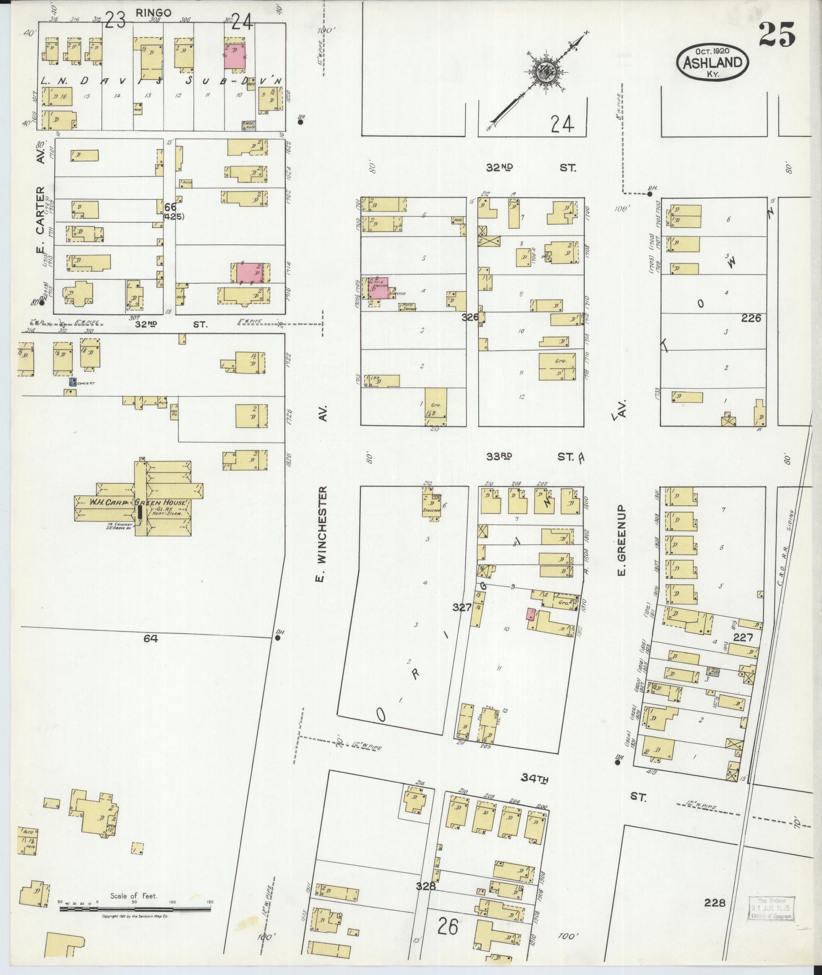 Sanborn Fire Insurance Map from Ashland, Boyd County, Kentucky (1920), Sheet #0025 - Complete Map Set gallery image, historic Sanborn map, vintage wall art, Kentucky Kentucky