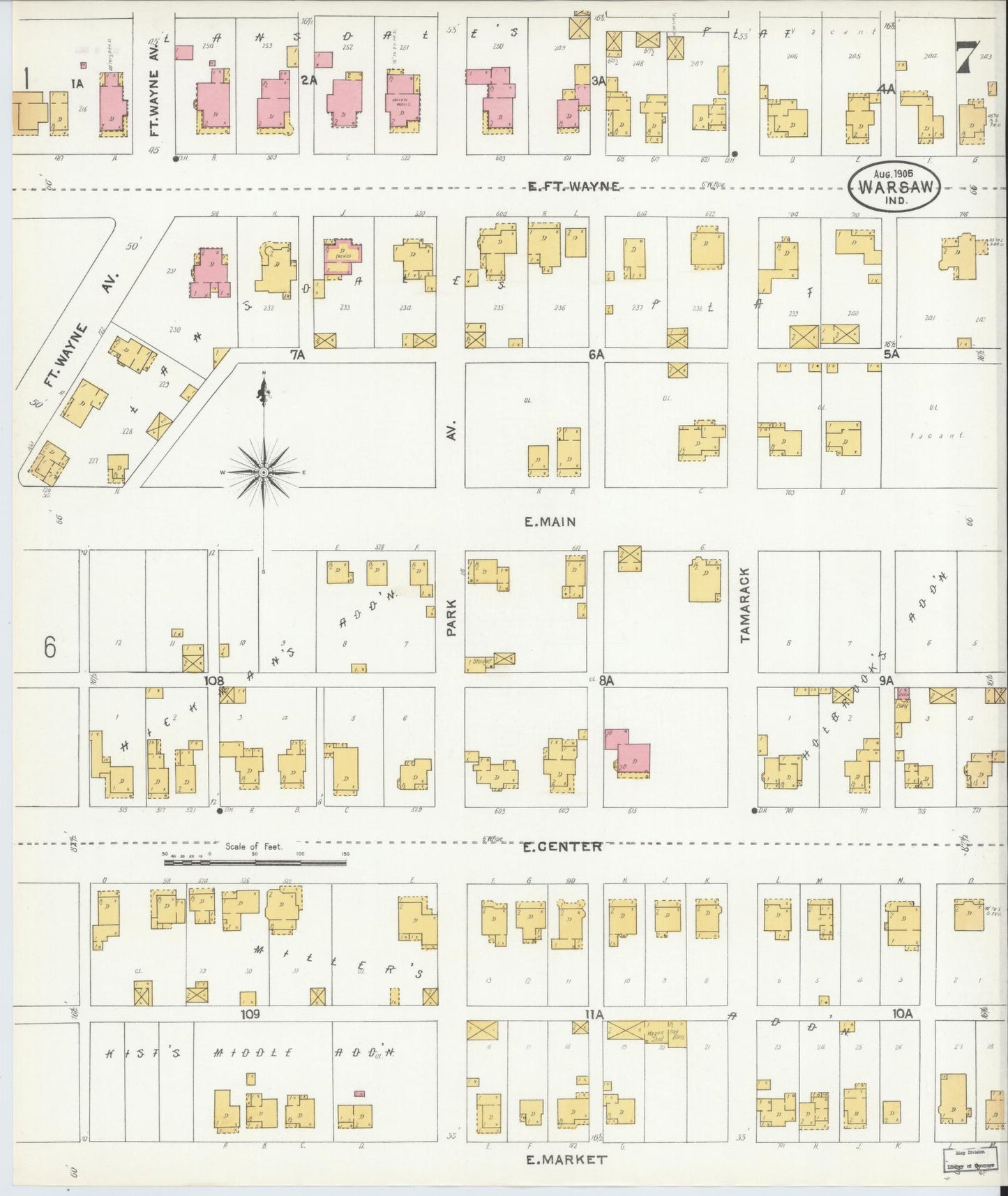 Sanborn Fire Insurance Map from Warsaw, Kosciusko County, Indiana (1905), Sheet #0007 - Complete Map Set gallery image, historic Sanborn map, vintage wall art, Indiana Indiana