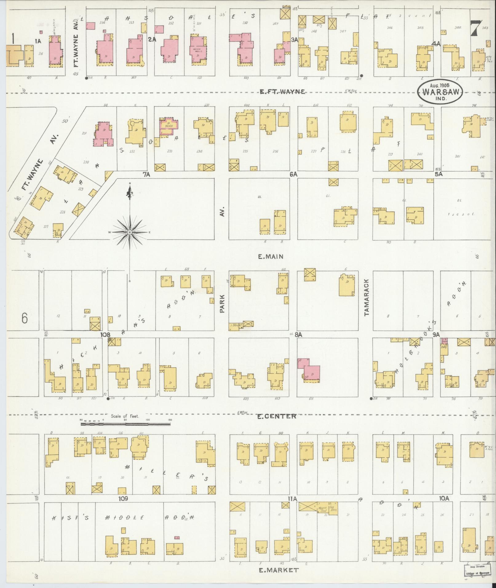 Sanborn Fire Insurance Map from Warsaw, Kosciusko County, Indiana (1905), Sheet #0007 - Complete Map Set gallery image, historic Sanborn map, vintage wall art, Indiana Indiana