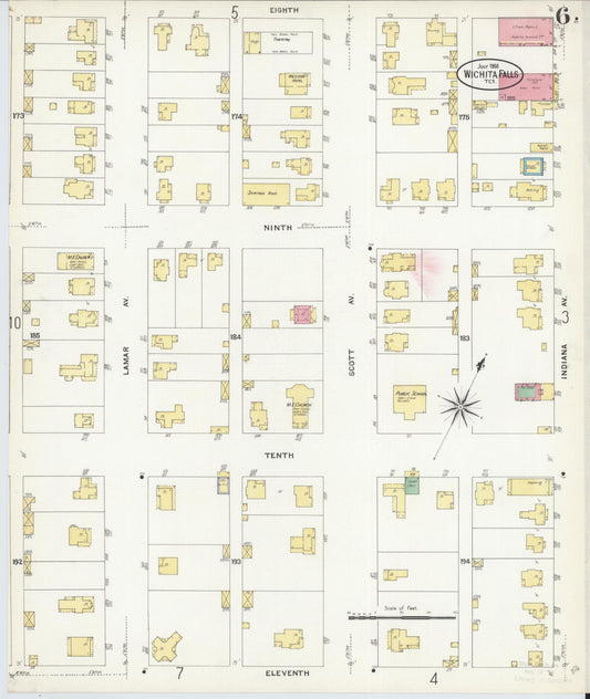 Sanborn Fire Insurance Map from Wichita Falls, Wichita County, Texas (1908), Sheet #0006 - Historic Sanborn Fire Insurance Map Print, vintage old map wall art, antique decor, genealogy gift, Texas Texas map