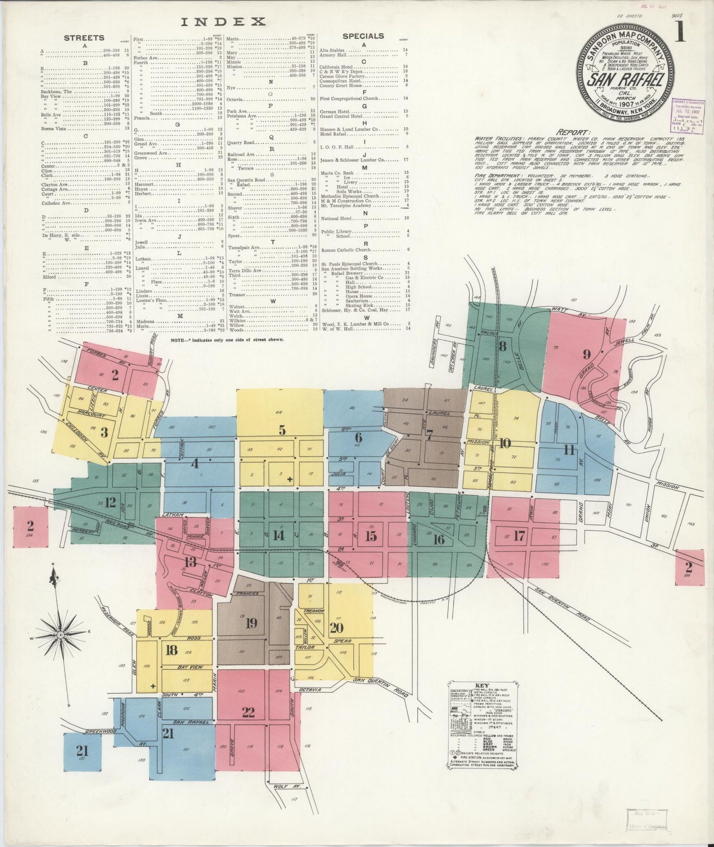 Sanborn Fire Insurance Map from San Rafael, Marin County, California (1907), Sheet #0001 - Complete Map Set gallery image, historic Sanborn map, vintage wall art, California California
