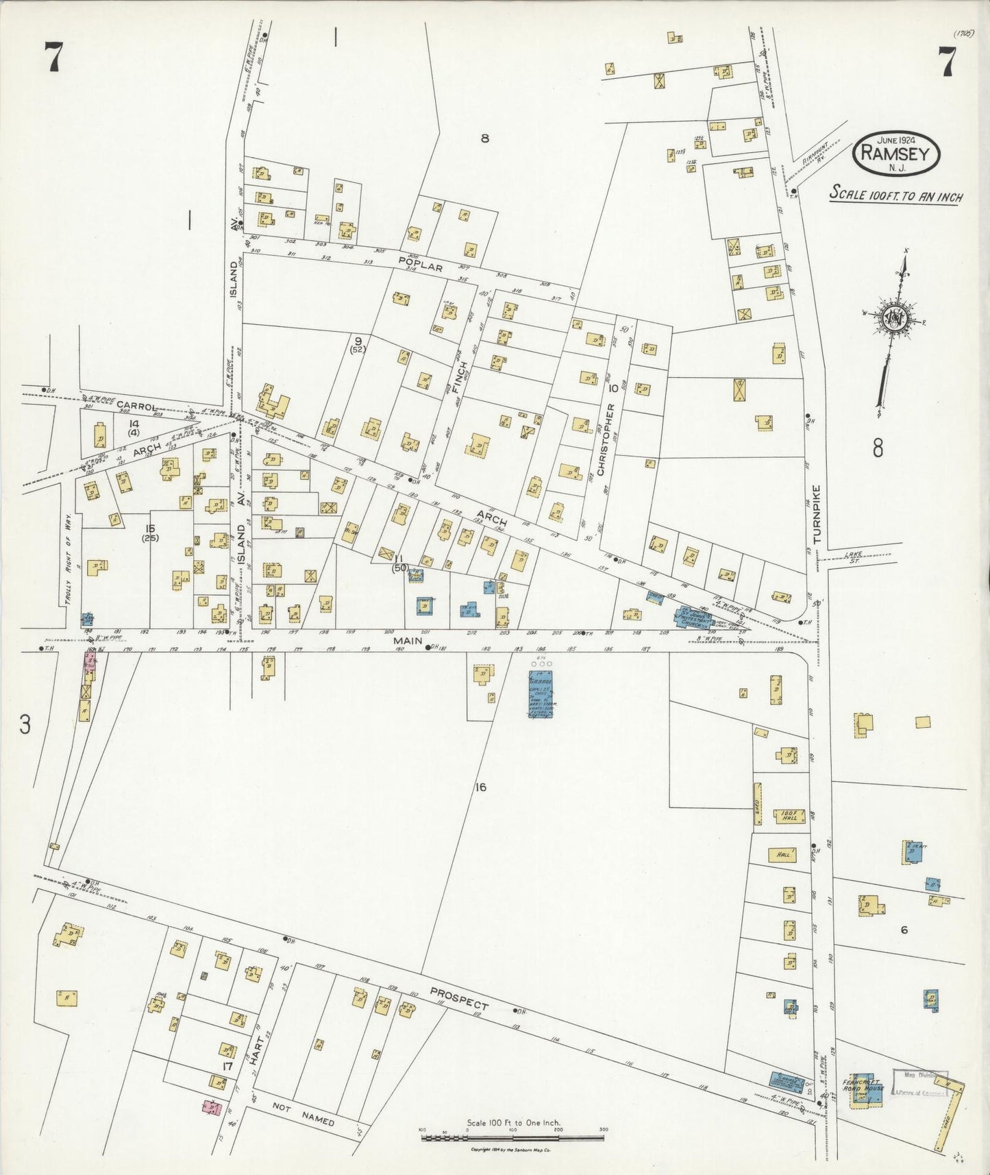 Sanborn Fire Insurance Map from Ramsey, Bergen County, New Jersey (1924), Sheet #0007 - Complete Map Set gallery image, historic Sanborn map, vintage wall art, New Jersey New Jersey