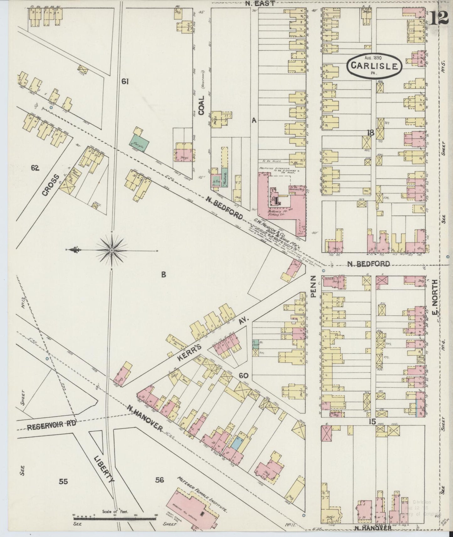 Sanborn Fire Insurance Map from Carlisle, Cumberland County, Pennsylvania (1890), Sheet #0012 - Historic Sanborn Fire Insurance Map Print, vintage old map wall art, antique decor, genealogy gift, Pennsylvania Pennsylvania map
